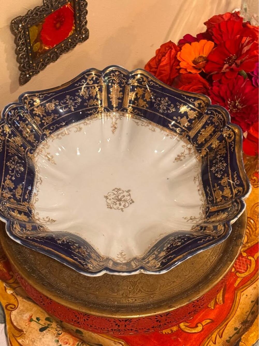 Antique Nippon Cobalt Blue & Gold Moriage Porcelain Serving Bowl